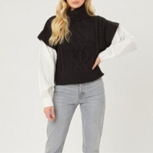 Love Tree Black‎ Cable Knit Turtleneck Sweater Vest With Dress Shirt Size Large